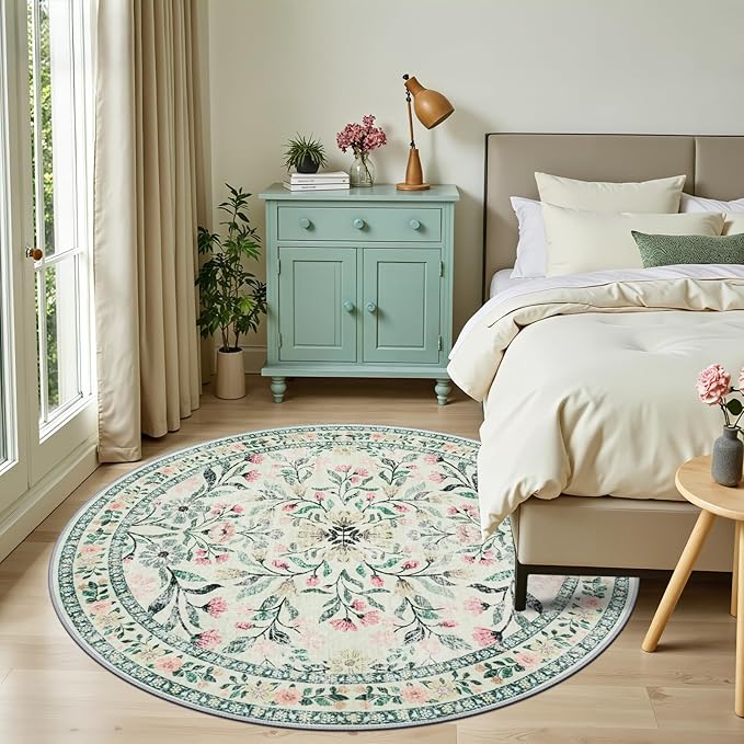 Round Area Rug for Living Room: 6 ft Floral Washable Circle Rug Soft Non-Slip Carpet Indoor Stain Resistant Low Pile Small Circular Rug for Bedroom Entryway Kitchen Nursery Home Office Green Beige