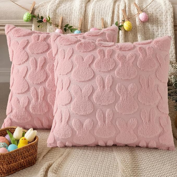 decorUhome Easter Bunny Pillow Covers 18x18 Inch Set of 2, Soft Plush Faux Wool Jacquard Pink Rabbit Cushion Covers, Farmhouse Neutral Spring Easter Holiday Decor for Couch Sofa Bed