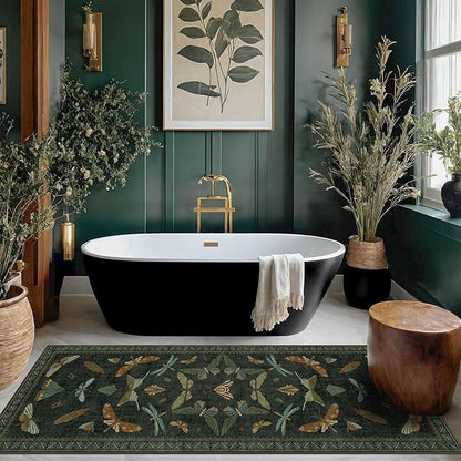 Hazo Haus Insect 2x7 Stain Resistant Kitchen Runner Rugs, Vintage Bathroon Rug Non Skid, Low Pile & Soft Non Slip with Rubber Backed, Dark Green Boho Room Decor for Bedroom