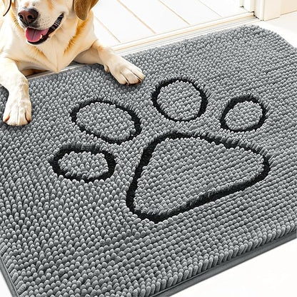OLANLY Dog Door Mat for Muddy Paws 34x21, Paw Print Design, Absorbs Moisture and Dirt, Absorbent Non-Slip Washable Doormat, Quick Dry Chenille Mud Mat for Dogs, Entry Indoor Entryway Carpet, Grey