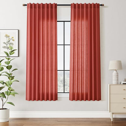 Christmas Red Linen Curtains 63 Inch Length for Living Room Light Filtering Semi Sheer Curtain Back Tab and Rod Pocket Vintage Rustic Luxury Home Decor Neutral Drapes for Bedroom 52x63, 2 Panels