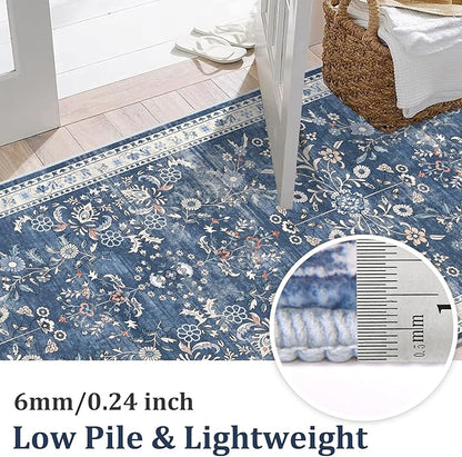 Yamaziot Washable Runner Rug 2x8 – Non Slip Boho Floral Hallway Runner Rug with Rubber Backing, Low Pile Wool Distressed Carpet for Kitchen, Laundry, Bedroom, Entrance, Blue