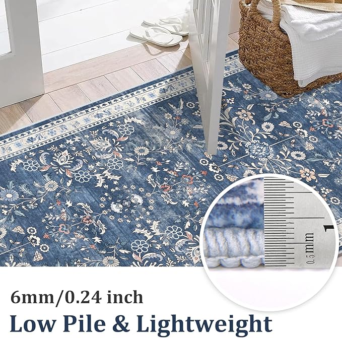 Yamaziot Washable Runner Rug 2x12 – Floral Non Slip Boho Hallway Runner Rug with Rubber Backing, Low Pile Faux Wool Distressed Carpet for Kitchen, Laundry, Bedroom, Entrance, Blue