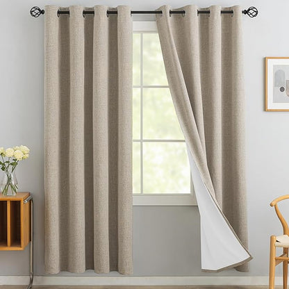 Yakamok Natural Linen Curtains 100% Blackout 72 Inches Long,Room Darkening Textured Curtains for Living Room Thermal Grommet Bedroom Curtains 2 Panels with Greyish White Liner