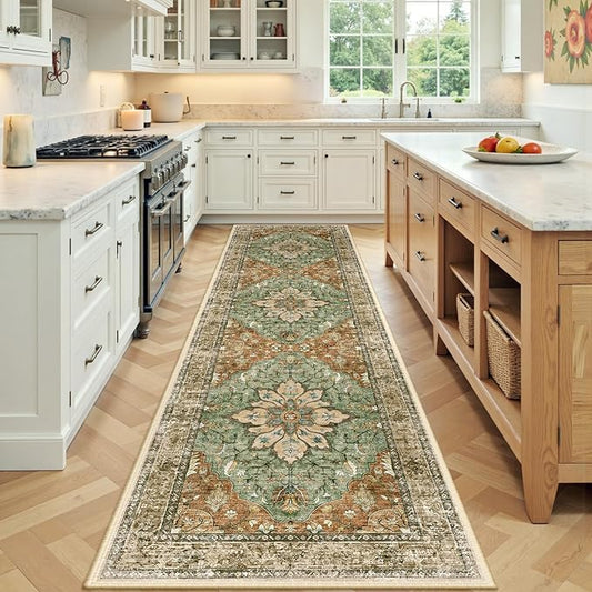 Area Rugs 2'x7' Runner Rug Non Slip Washable for Kitchen Hallway Bedroom Beside Laundry Room Bathroom Rug, Floor Carpet, Brick Red Rust Neutral Brown Burnt Orange Green