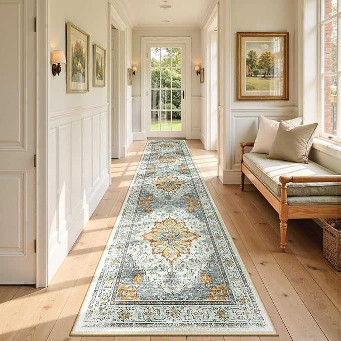 Area Rugs 2'6''x12' Runner Rug Non Slip Washable for Kitchen Hallway Bedroom Beside Laundry Room Bathroom Rug, Floor Carpet, Light Yellow Carbon Grey Orange