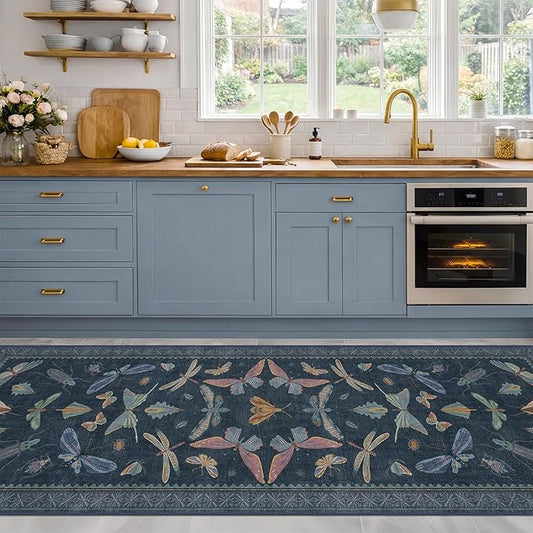 Vintage 2'6"x8' Kitchen Rugs Washable, Non Slip 8ft Long Rugs for Hallway, Stain Resistant Indoor Mats for Entryway, Dark Blue Insect Moth Home Décor, Low Pile & Soft