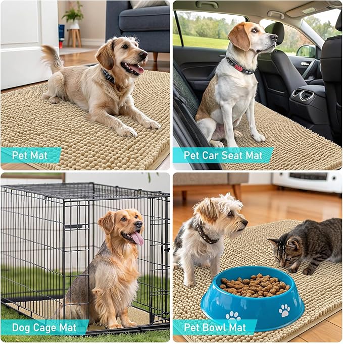 OLANLY Dog Door Mat for Muddy Paws 50x30, Absorbs Moisture and Dirt, Absorbent Non-Slip Washable Doormat, Quick Dry Chenille Mud Mat for Dogs, Entry Indoor Entryway Carpet for Inside Floor, Beige