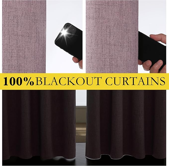 NICETOWN Chaise Mauve Vintage Linen 100% Blackout Curtains for Living Room, Thermal Insulated Curtains 90" Long, Noise Reducing Window Treatment Drapes for Hall Room, 42" Wide Per Panel, Set of 2