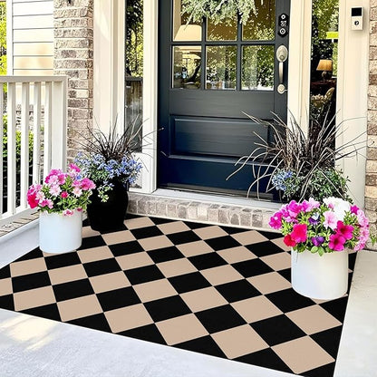 Black Tan Checkered Entry Rug - 3x5 Ft Non-Slip Washable Indoor Outdoor Front Door Mat Porch Rug Geometric Diamond Throw Carpet for Living Room Bedroom Entryway Kitchen Office Porch Decor