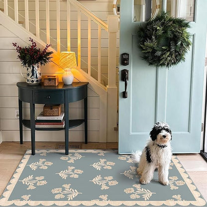 Floral Outdoor Rug - 28" x 43" Front Door Mat Indoor Outside Entrance Non-Slip Washable Outdoor Mat Blue Farmhouse Scalloped Rug for Entryway Kitchen Bedroom Layered Doormat for Front Porch