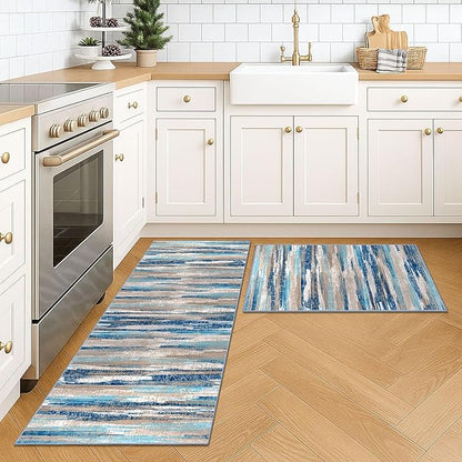 Lansny Modern Abstract Kitchen Rug Set of 2, 2x3 and 2x5 Blue Washable Rug Runner Non Slip Kitchen Mat, Soft Faux Wool Throw Carpet for Entryway, Hallway, Bedroom, Bedside, Laundry Room, Office