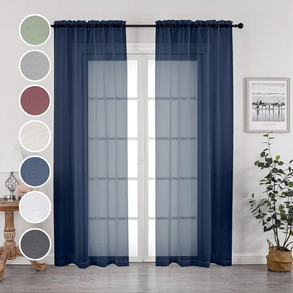 OWENIE Navy Blue Sheer Curtains 96 Inches Long 2 Panels Set, Elegant Sheer Curtains for Bedroom, Window Voile Sheer Curtain Panels/Drapes/Treatment for Living Room, 2Pcs, Each 42" W x 96" L