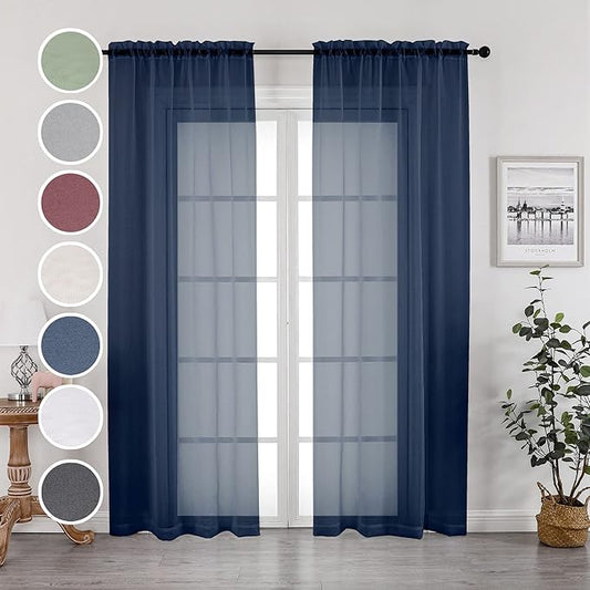 OWENIE Navy Blue Sheer Curtains 96 Inches Long 2 Panels Set, Elegant Sheer Curtains for Bedroom, Window Voile Sheer Curtain Panels/Drapes/Treatment for Living Room, 2Pcs, Each 42" W x 96" L