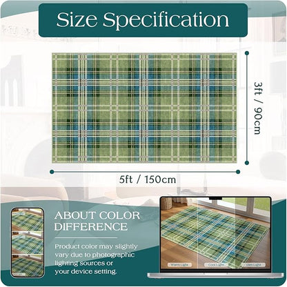 3x5 Buffalo Entry Rug - Small Washable Indoor Outdoor Mats for Front Door Non-Slip Porch Rug Green Teal Plaid Tartan Throw Rugs for Living Room Bedroom Entryway Kitchen Office Porch Decor