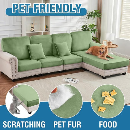 Couch Cover Stretch Velvet Sofa Cushion Cover 3-Piece - Elastic Washable Slipcover for Seat or Backrest, Couch Seat Covers for Sofas (Avocado Green)