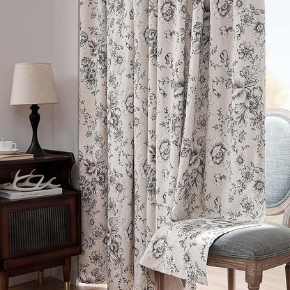 jinchan Blackout Floral Curtains for Living Room Bedroom Linen Blend Curtain Farmhouse Black Printed with Lined Back Tab Rod Pocket Drapes Window Treatments 2 Panels 90 Inch
