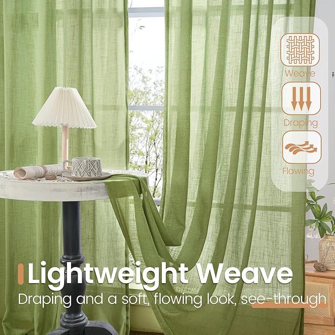 BGment Olive Green Linen Curtains 36 Inch Length for Short Kitchen Window - Rod Pocket Small Drapes Sheer Light Filtering for Cafe Bedroom Decor Lightweight Natural Rustic, 2 Panels Set, 42 X 36 Inch