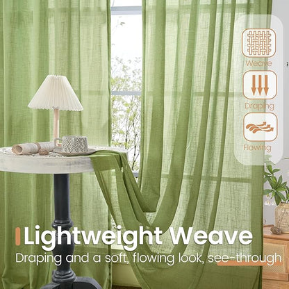 BGment Olive Green Linen Curtains 36 Inch Length for Short Kitchen Window - Rod Pocket Small Drapes Sheer Light Filtering for Cafe Bedroom Decor Lightweight Natural Rustic, 2 Panels Set, 42 X 36 Inch