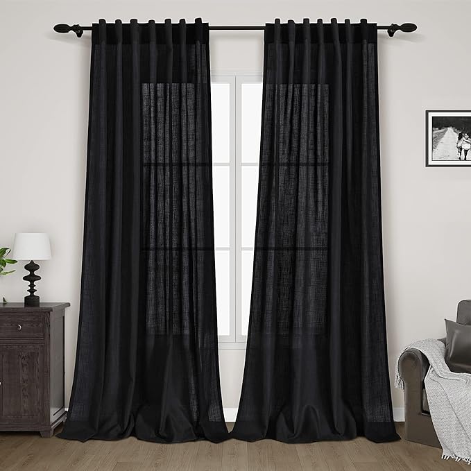 Nanspring Long Black Curtain 100 inches Long 2 Panels Set for Living Room Back Tab Modern Farmhouse Muslin Look Decor Cotton Textured Black Sheer Linen Curtains 100 inch Length for Large Window