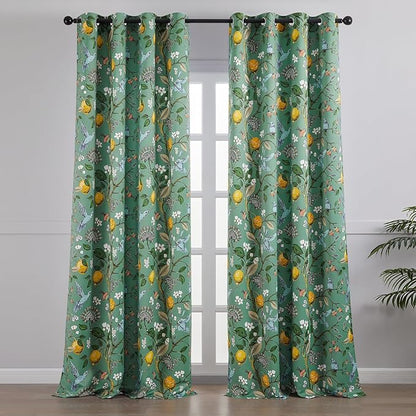 Topfinel Vintage Cottagecore Chinoiserie Curtains & Drapes Botanical Floral Flower Lemon Hummingbird Patterned Sage Green Pioneer Woman Blackout Curtains 96 Inches Long 2 Panels Living Dining Room