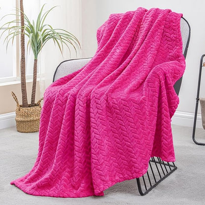 Exclusivo Mezcla Fleece Throw Blanket for Couch and Bed, 50x70 Inches Soft Cozy Jacquard Flannel Blankets, Lightweight Fuzzy Plush Warm Throws for Women, Hot Pink