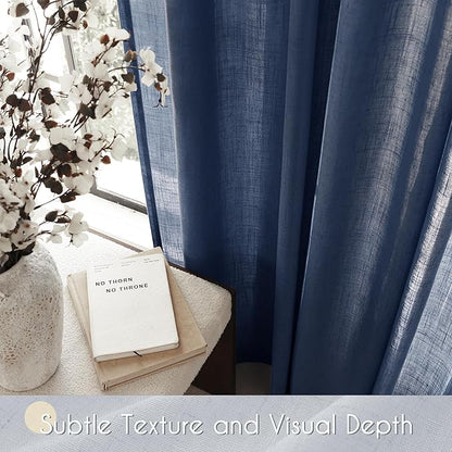 Navy Blue Curtains 105 inch Length for Bedroom Back Tab Light Filtering Semi Sheer Blue Living Room Curtains Linen Cotton Textured Indigo Blue Drapery Panel Modern Farmhouse Aesthetic Decor Dark Blue
