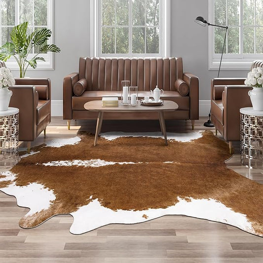 AROGAN 8x10 Faux Cowhide Area Rugs for Living Room, Animal Skins Cow Hide Rug for Bedroom, Cool Western Christmas Decor, Thin Leather Cow Hide Carpets Fireplace Rug, Brown