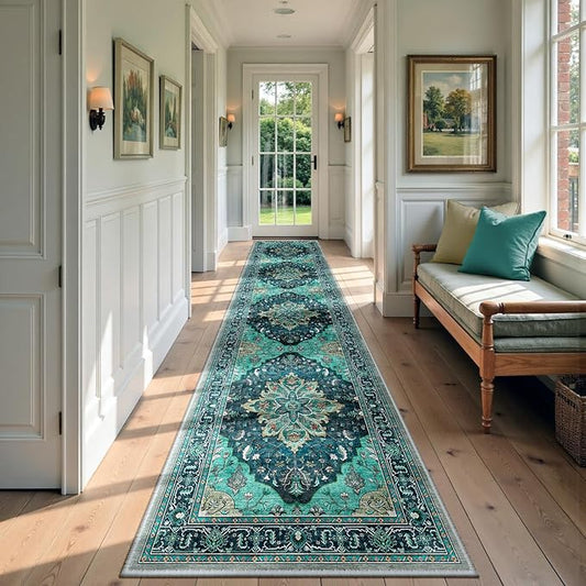 Area Rugs 2'6''x10' Runner Rug Non Slip Washable for Kitchen Hallway Bedroom Beside Laundry Room Bathroom Rug, Floor Carpet, Teal Green Lake Blue Turquoise