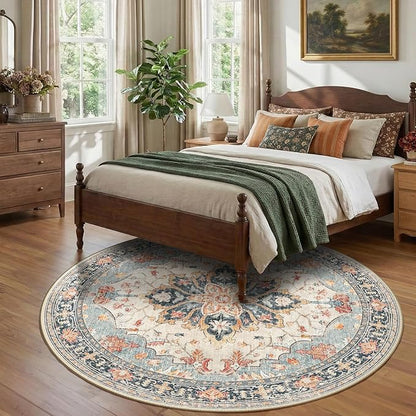 8ft Round Rug, Area Rugs 8ft, Washable Rug, Non-Slip, Rugs for Living Room for Bedroom, Circle , Vintage Rugs Boho Floral Medallion, Low Pile, Soft, Beige Dark Blue Navy Red