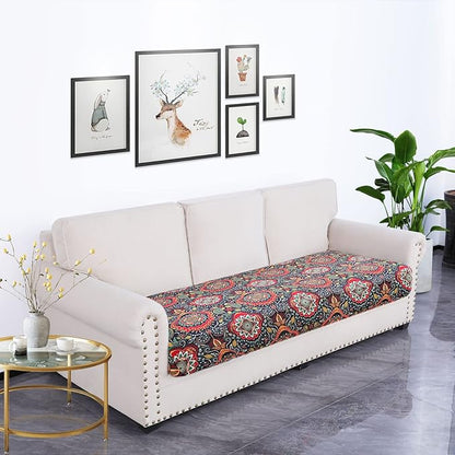 hyha Printed Couch Cushion Covers, Floral Sofa Covers Washable for 3 Cushion Couch, Stretch Pattern Outdoor Cushion Covers for Patio Furniture with Elastic Bottom(Large, Mandala Floral)