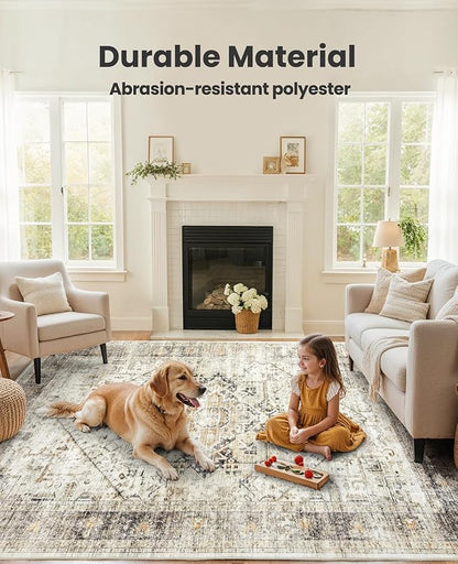 AMADA HOMEFURNISHING 8x10 Area Rugs, Low-Profile Large Washable Area Rug with Non-Slip Backing & Durable Edge Binding, Vintage Rugs for Living Room, Bedroom, Dinning Room