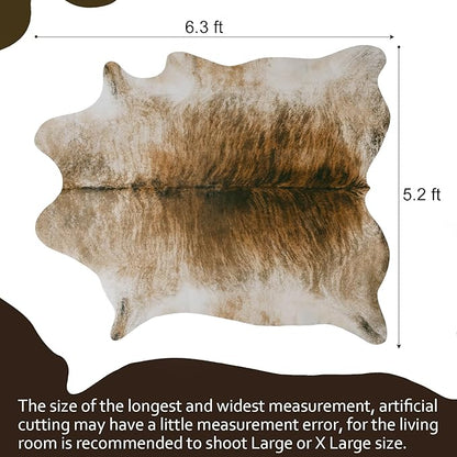AROGAN Western Decor Faux Fur Cowhide Rug, 6.2 x 5.2 Feet Premium Animal Skin Cow Hide Rug, Durable Cow Print Rugs for Wall Decor, Western Floor Carpet for Bedroom Living Room, Brownish