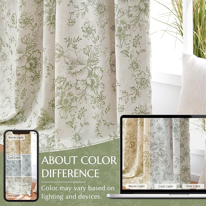 jinchan Blackout Floral Curtains for Living Room Bedroom Linen Blend Curtain Farmhouse Green Printed with Lined Back Tab Rod Pocket Drapes Window Treatments 2 Panels 63 Inch