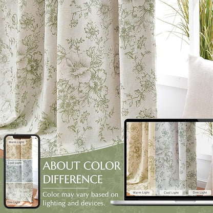 jinchan Blackout Floral Curtains for Living Room Bedroom Linen Blend Curtain Farmhouse Green Printed with Lined Back Tab Rod Pocket Drapes Window Treatments 2 Panels 63 Inch