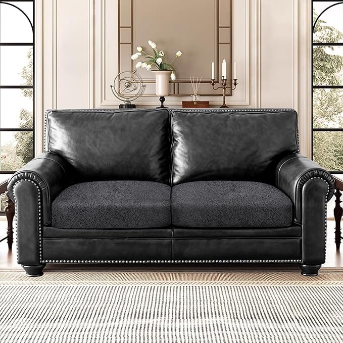 Leather Look Couch Cushion Covers Sofa Seat Slipcovers Sets Couches Furniture Protector for Sectional Armchair Loveseat Pets Kids Stretch Spandex Fabric (2 Cushion Loveseat, Dark Grey)