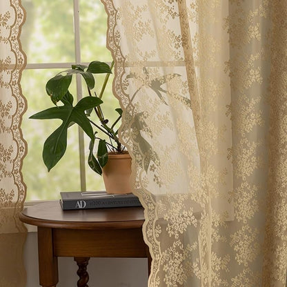 YJ YANJUN Vintage Lace Curtains 96 Inches Long-Victorian Floral Pattern Tan Sheer Curtain Panels for Living Room Bedroom,Light Filtering, Rustic Farmhouse Neutral Decor 2 Panels 52W x 96L Taupe