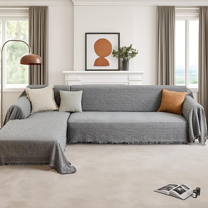 HOMERILLA Sectional Couch Covers for Sectional Sofa L Shaped Sofa Cover Blanket 2 Pieces L Shape Furniture Protector for Pets Dogs (Light Grey, XX-Large)