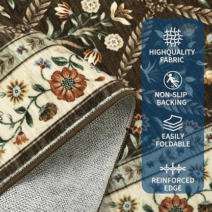 Large Entryway Rug 3x5 Floral Washable Area Rugs Vintage Soft Non-Slip Small Floor Carpet Doormat Stain Resistant Low-Pile Ultra-Thin Entry Mat for Bedside Kitchen Brown