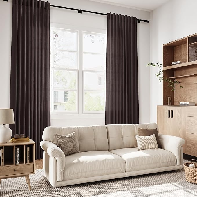 Cocoa Coffee Linen Curtains 90 Inch Long 2 Panels Set for Bedroom Living Room, Soft Linen Textured Window Drapes Semi Sheer Light Filtering Rod Pocket Back Tab Morden Style 52x90