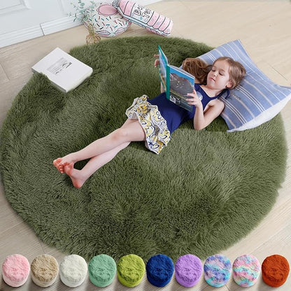 Amdrebio Olive Green Round Rug 4Ft for Bedroom Living Room, Fluffy Shaggy Modern Circle Area Rugs for Kids Room, Soft Plush Fuzzy Shag Carpet for Dorm Playroom Office Nursery Classroom, Home Decor