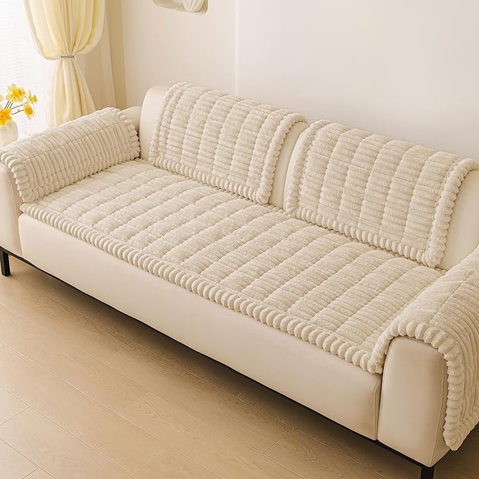 hyha Couch Covers for Dogs Washable, Non Slip Plush Dog Sofa Protectors, Fuzzy Pet Couch Covers for 3 Cushion Sofa Pet Friendly (Apricot, 27.6" x 27.6")