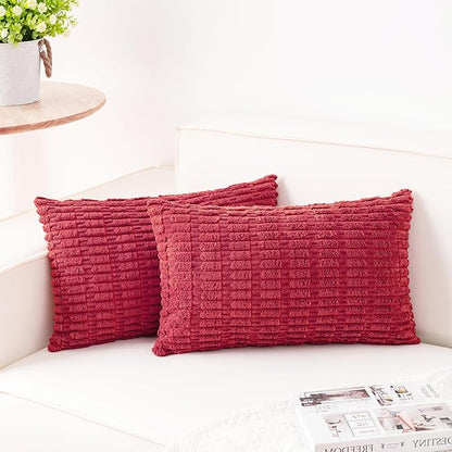 Pack of 2 Corduroy Decorative Throw Pillow Covers 12x24 Inch Soft Striped Pillow Covers Modern Farmhouse Home Decor for Sofa Living Room Couch Bed（Cranberry Red）