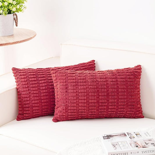 Pack of 2 Corduroy Decorative Throw Pillow Covers 12x24 Inch Soft Striped Pillow Covers Modern Farmhouse Home Decor for Sofa Living Room Couch Bed（Cranberry Red）
