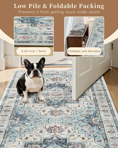 Madane 4x12 Wide Hallway Runners: Washable Runner Rug for Entryway Living Room Soft Vintage Non Slip Carpet Runner for Kitchen Dining Room Nursery Bedroom Thin Area Rug (Blue, 4x12ft)
