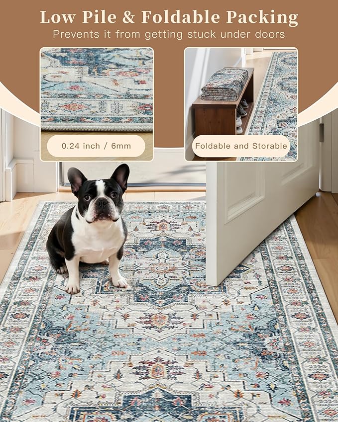 Madane Hallway Rug 3x10, Kitchen Rugs Washable Entryway Rug Vintage Kitchen Runners Non Slip Indoor Area Rug Farmhouse Carpet Runner for Bathroom Living Room Bedroom, Blue