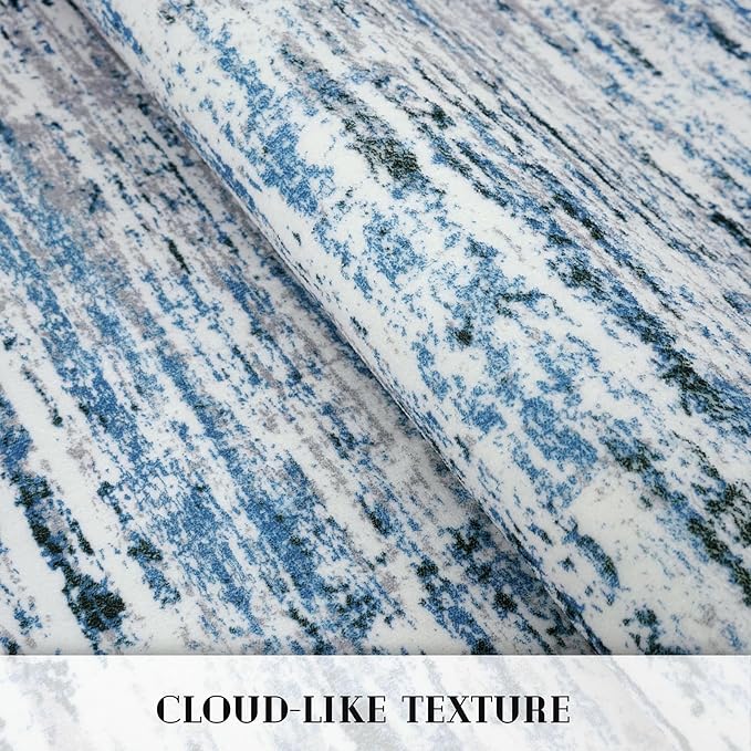 Lansny Modern Abstract Runner Rug 2.6x16, Grey Blue White Washable Long Kitchen Runner Non-Slip Soft Hallway Rug Runner Thin Print Faux Wool Carpet for Entryway Bedroom Laundry Room Indoor Home Decor