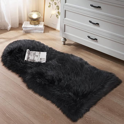 Small Faux Fur Rug, 2x4 ft Ultra Soft Sheepskin Rug Chair Sofa Cover Seat Pad, Black Fluffy Shag Rug for Bedroom Nursery Kids Room, Luxury Shaggy Rugs Fuzzy Plush Floor Carpets, Cute Dorm Home Decor