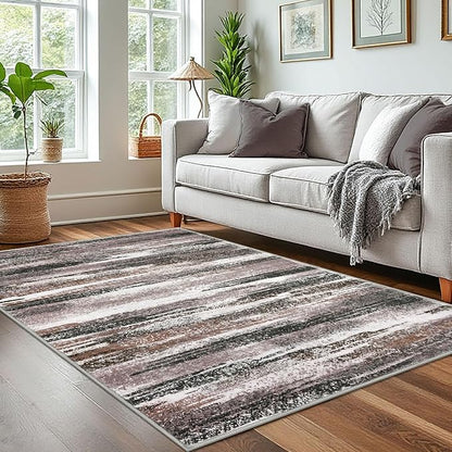 Lansny Modern Abstract 4x6 Living Room Washable Rug Non-Slip Soft Bedroom Area Rug Dark Light Brown White Thin Print Faux Wool Floor Carpet Throw Rugs for Nursery Playroom Dining Room Indoor Office
