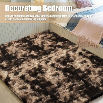 Shag Area Rug for Bedroom 3x5,Fluffy Area Rugs for Living Room,Soft Fuzzy Rug Non-Shedding Indoor Plush Carpet for Kids Bedroom Nursery Dorm Home Decor,Tie-Dyed Coffee